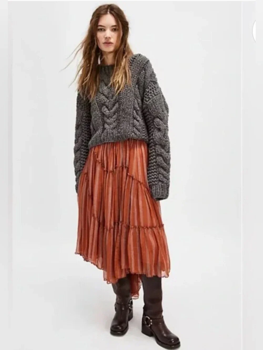 Free People One Ember Printed Midi  Skirt in Terracota. Size S